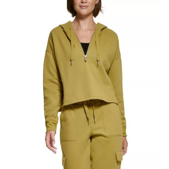 CALVIN KLEIN PERFORMANCE Half-Zip Hoodie XS Olive Green Crop Sweatshirt NWOT - Picture 1 of 10